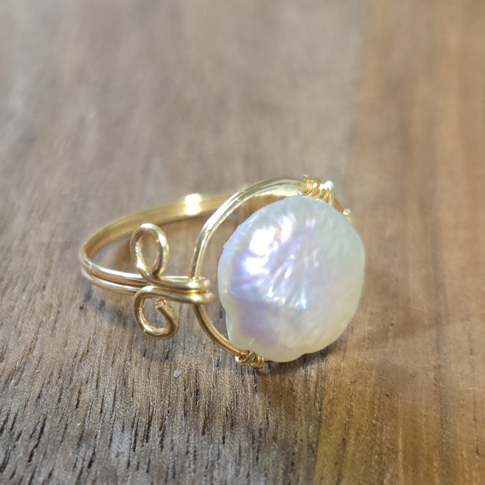 Gold Wire Wrapped Pearl Ring - Picture 4 of 6